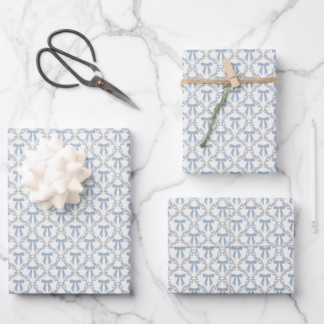 Blue Coquette Bows, Trellis, Preppy Geschenkpapier Set (Vorderseite)