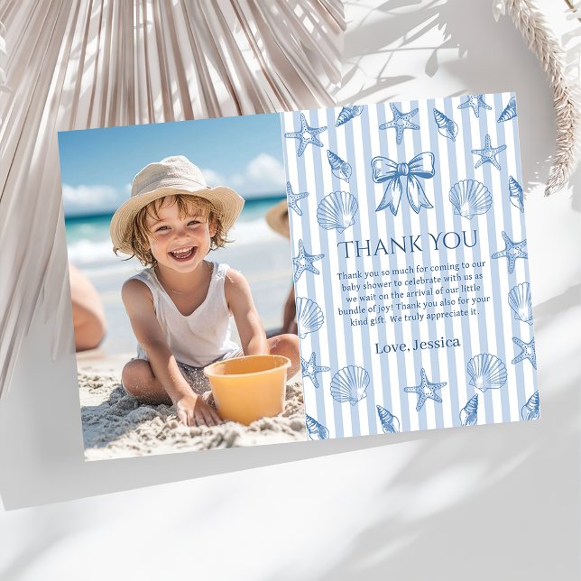 Blue Coquette Seashells Baby Shower Photo Dankeskarte (Von Creator hochgeladen)