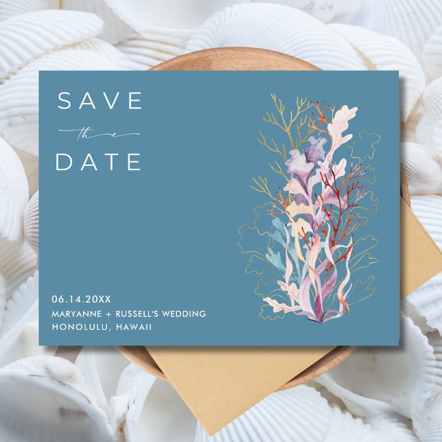 Blue Coral Beach Hochzeit Save the Date Ankündigungspostkarte (Blue Coral Beach Wedding Save the Date Postcard)