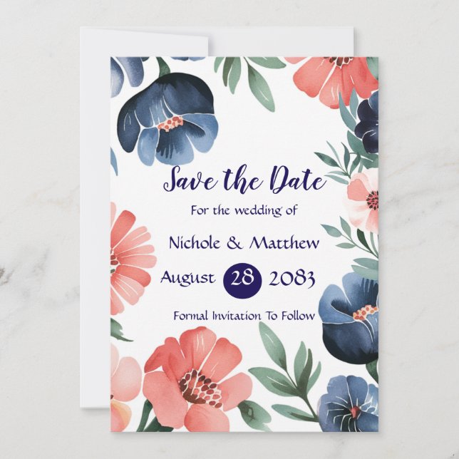 Blue & Coral Bouquet Wedding Save the Date Cards Einladung (Vorderseite)