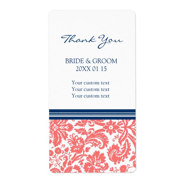 Blue Coral Damask Muster Hochzeitstempel (Vorne)