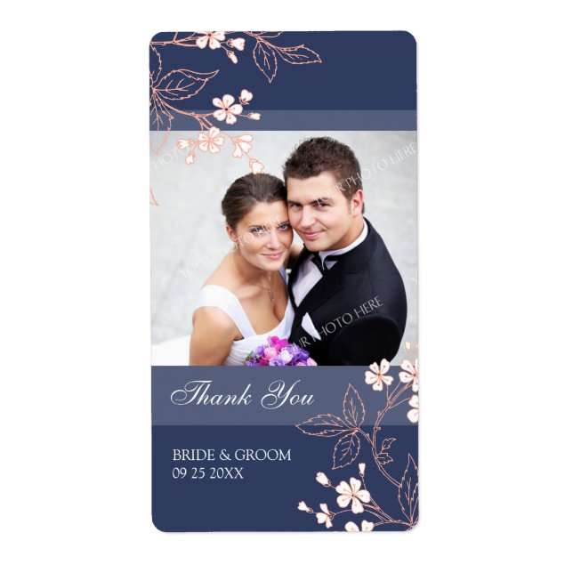 Blue Coral Floral Foto Wedding Labels (Vorne)