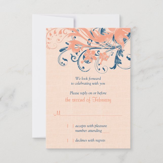 Blue Coral Floral Hochzeitskarte RSVP Karte (Vorderseite)