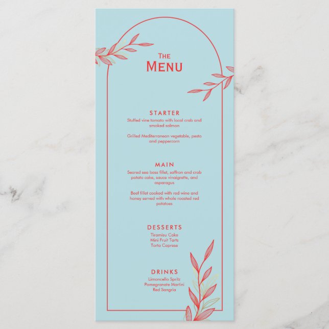 Blue Coral Gold Leaf Wedding Event Menu Karte (Vorderseite)