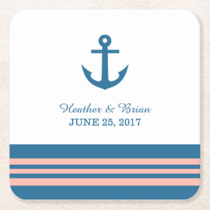 Blue Coral Nautical Anchor Hochzeitspapier-Unterse Rechteckiger Pappuntersetzer