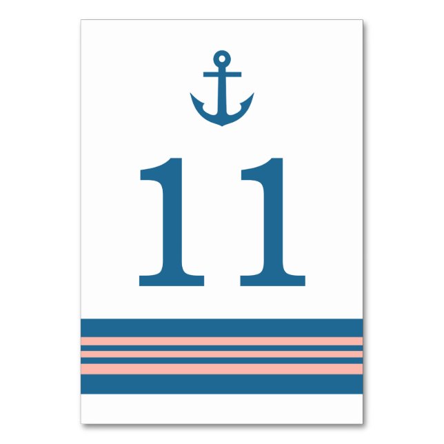 Blue Coral Nautical Anchor Table Card Tischnummer (Vorderseite)