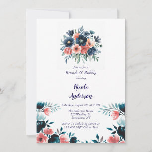 Blue & Coral Paint Bouquet Brunch und Bubbly Einladung