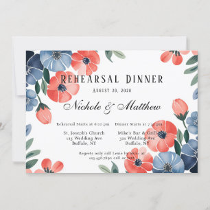 Blue & Coral Painted Florals Probe Dinner Einladung
