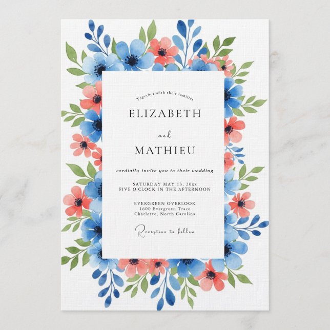 Blue Coral Painterly Floral Wedding Einladung (Vorderseite)
