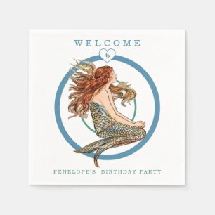 Blue Coral Peach Adorable Mermaid Geburtstagsparte Serviette