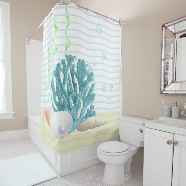 Blue Coral, Seashells & Blue Pearl Duschvorhang (Beispiel)