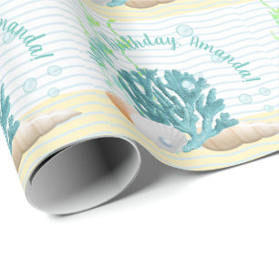Blue Coral, Seashells & Blue Pearl Throw Kissen Geschenkpapier