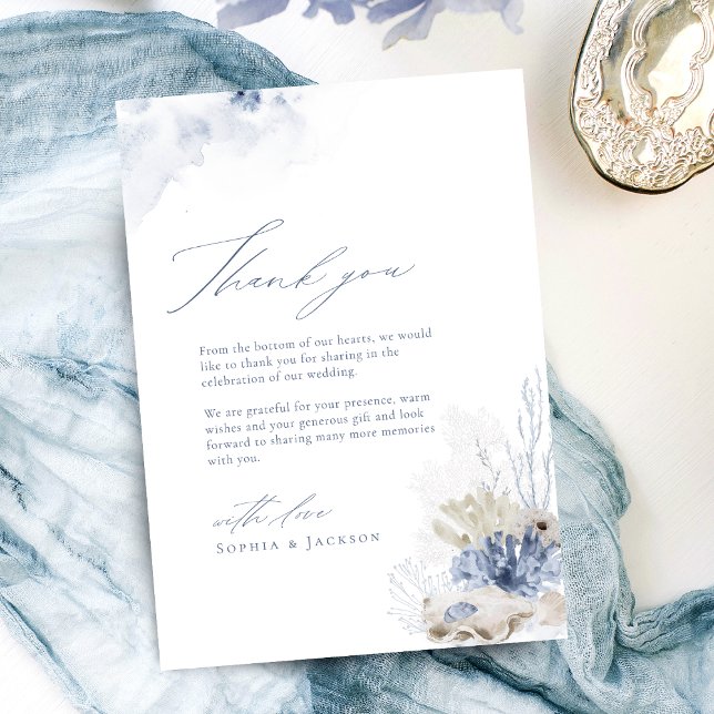 Blue Coral & Seashells Strand Thema Vielen Dank Dankeskarte (Blue coral & seashells beach themed Thank You)