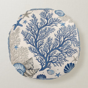 Blue Coral Throw Pillow - Coastal Ocean Pattern Rundes Kissen