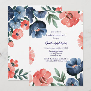 Blue & Coral Watercolor Bouquet Polterabend Einladung