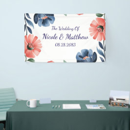 Blue & Coral Watercolor Bouquet Wedding Banner