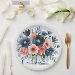 Blue & Coral Watercolor Bouquet Wedding Pappteller