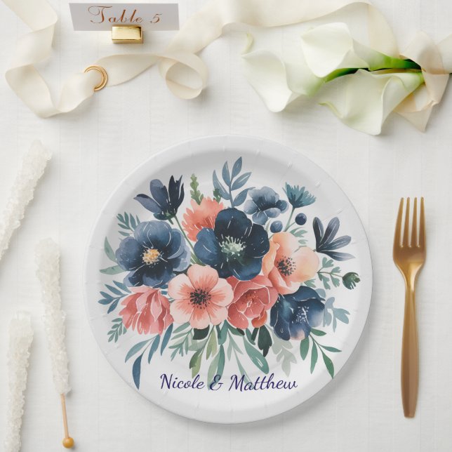 Blue & Coral Watercolor Bouquet Wedding Pappteller (Hochzeit)