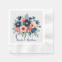 Blue & Coral Watercolor Bouquet Wedding Serviette