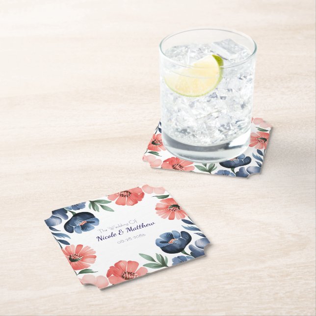 Blue & Coral Watercolor Bouquet Wedding Untersetzer (Vor Ort)