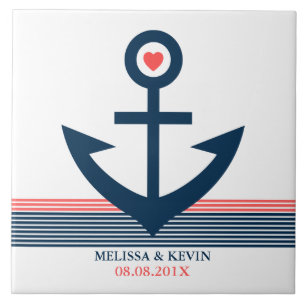 Blue Coral & White nautical Boat Anker & Streifen Fliese