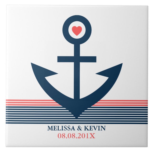 Blue Coral & White nautical Boat Anker & Streifen Fliese (Vorderseite)