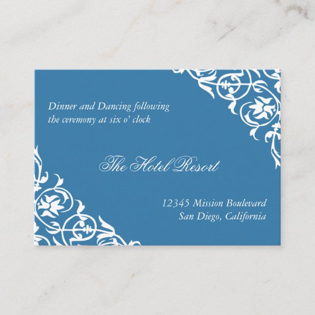 Blue Corner Scroll Hochzeitsempfang Begleitkarte (Vorderseite)