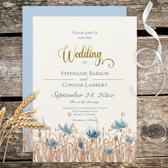 Blue Cornflowers & Wheat Field Wedding Invitation Einladung (Von Creator hochgeladen)