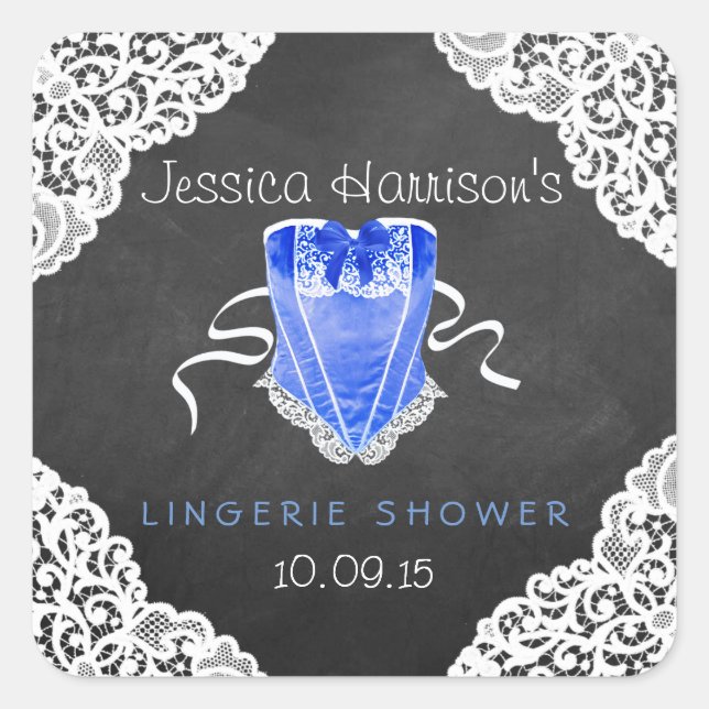Blue Corset White Lace Chalkboard Fingerie Dusche Quadratischer Aufkleber (Vorderseite)