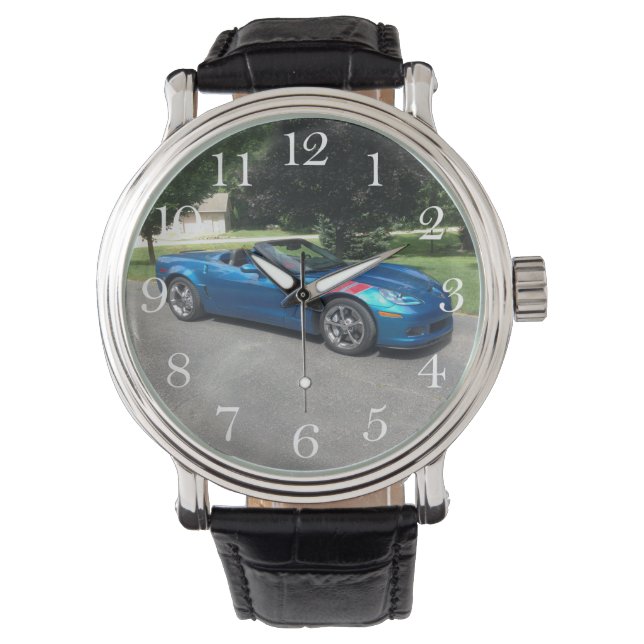 Blue Corvette mit Red Kundgebung Racing Strip Foto Armbanduhr (Vorderseite)