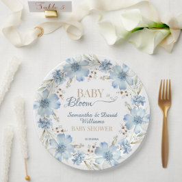 Blue Cosmos Floral Baby in Bloom Baby Shower Pappteller
