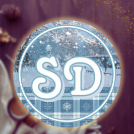 Blue Cosy Kariert Snowy Winter Country Weihnachten Runder Aufkleber