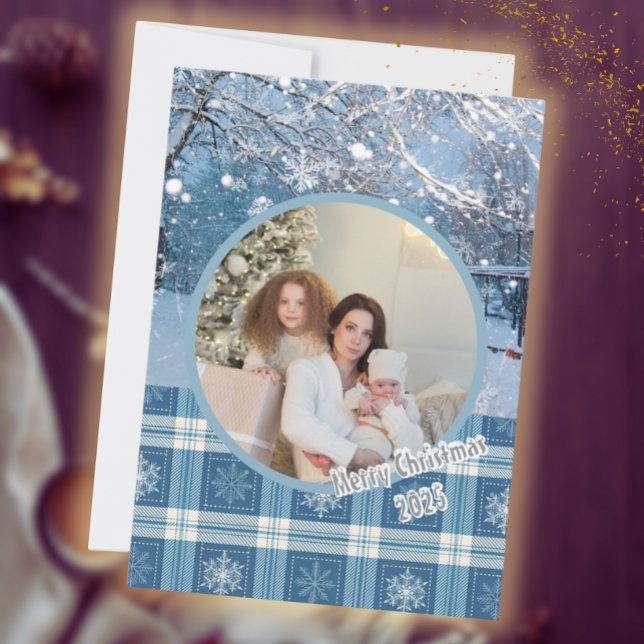 Blue Cosy Kariert Snowy Winter Foto Weihnachten (Von Creator hochgeladen)