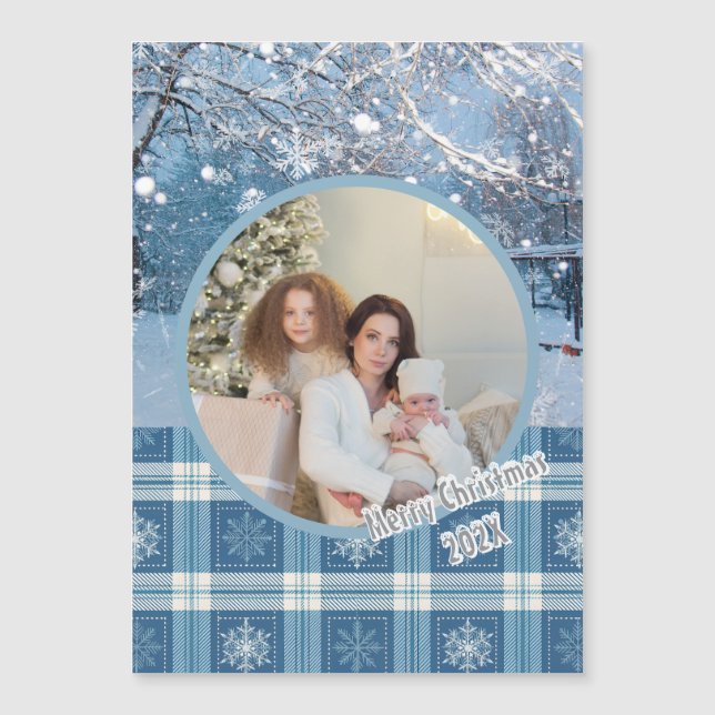 Blue Cosy Kariert Winter Weihnachten Magnetic Card Magnetkarte (Vorderseite)