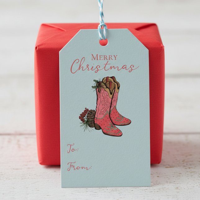 Blue Country frohe Weihnachten bis von Geschenkmar Geschenkanhänger (Country Cowgirl Boots Christmas Gift Tags for Her. Vintage Blue Rodeo Cowboy Boots & Xmas Pinecones)