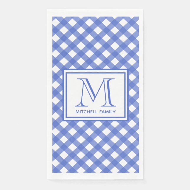 Blue Country Style Gingham Pattern Mit Monogramm Serviette (Vorderseite)