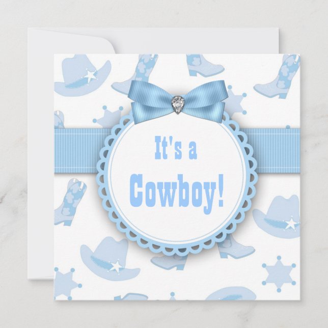 Blue Cowboy Baby Boy Dusche Einladung (Vorderseite)