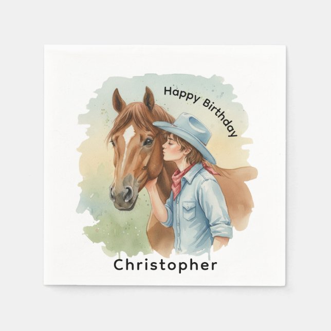 Blue Cowboy Kissing a Horse Birthday Party Serviette (Vorderseite)
