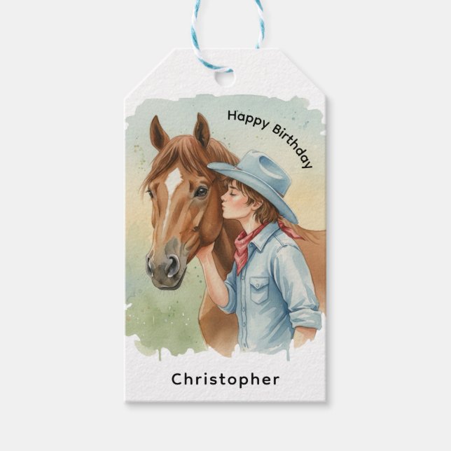 Blue Cowboy Kissing a Horse Birthday Thanks Geschenkanhänger (Vorderseite)