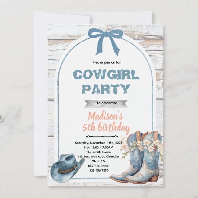 Blue cowgirl party invitation einladung (Vorderseite)