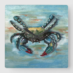 Blue Crab auf Blue Quadratische Wanduhr