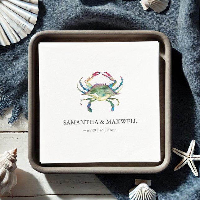 Blue Crab Beach Hochzeit Personalisiert Serviette (beach wedding personalized napkins feature watercolor blue crab art by Victoria Grigaliunas)