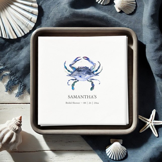 Blue Crab Beach Personalisiertes Brautparty Serviette (Bridal shower napkins watercolor blue crab art by Victoria Grigaliunas Do Tell A Belle)