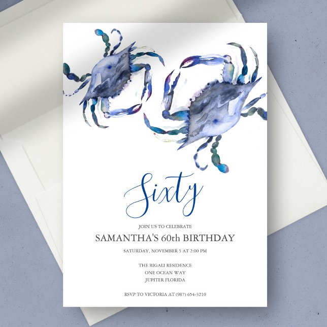 Blue Crab Boil 60. Geburtstag Einladung (60th birthday invitations watercolor blue crab art by Victoria Grigaliunas Do Tell A Belle)