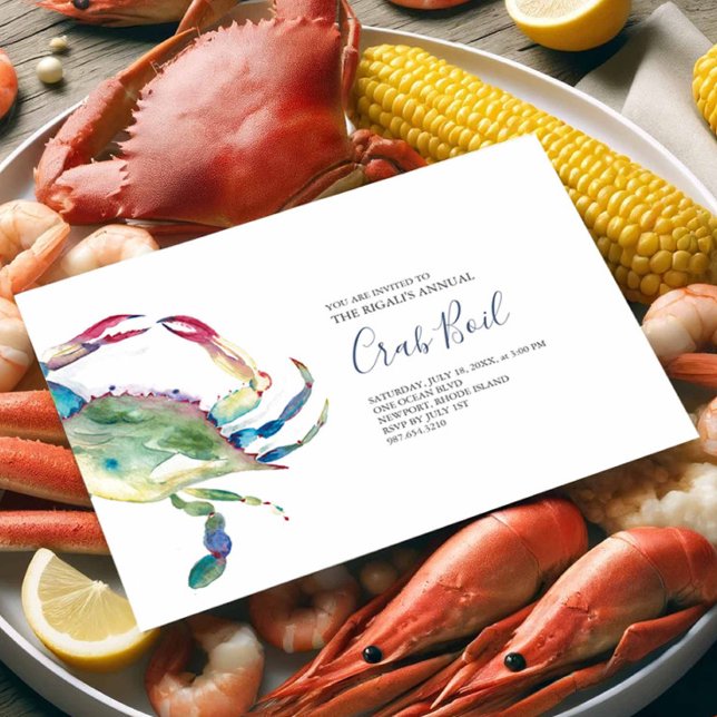 Blue Crab Boil Summer Party Einladung (Seafood boil invitations features a watercolor blue crab art by Victoria Grigaliunas Do Tell A Belle)