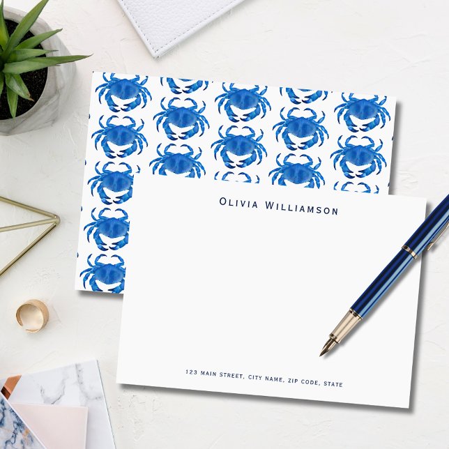 Blue Crab Coastal Beach Mitteilungskarte (Blue coastal crab, crustacean illustrated notecard. Personalize with your name & address details.)