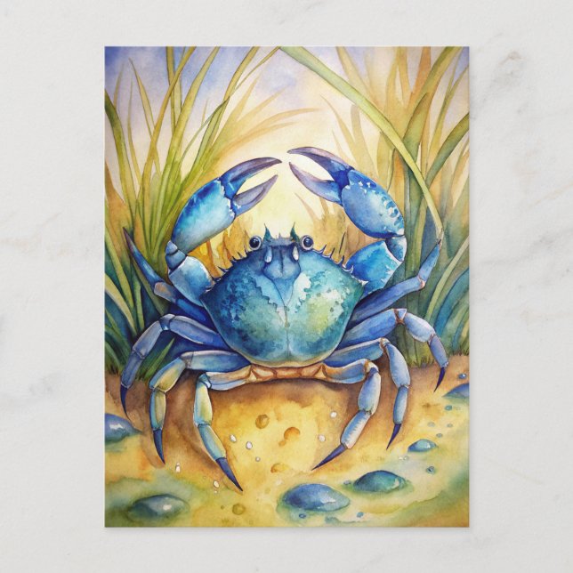 Blue Crab Coastal Beach Ocean Life Painting  Postkarte (Vorderseite)