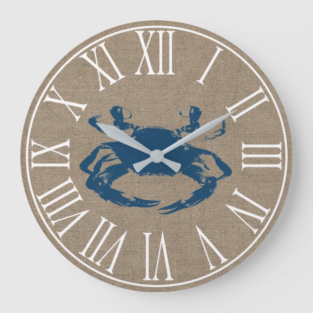 Blue Crab & Imitate Burlap an der Küste Große Wanduhr (Vorderseite)