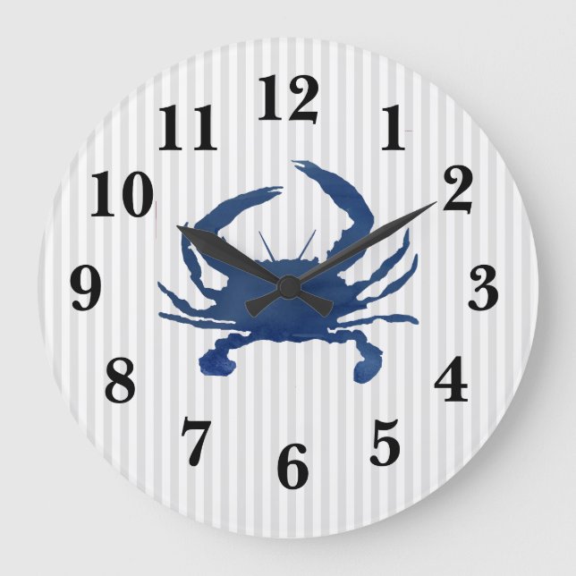Blue Crab Nautical Strip Large Clock Große Wanduhr (Vorderseite)