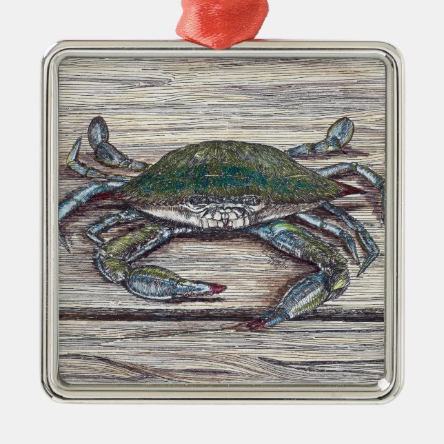 Blue Crab on Dock Premium Ornament Aus Metall (Vorne)